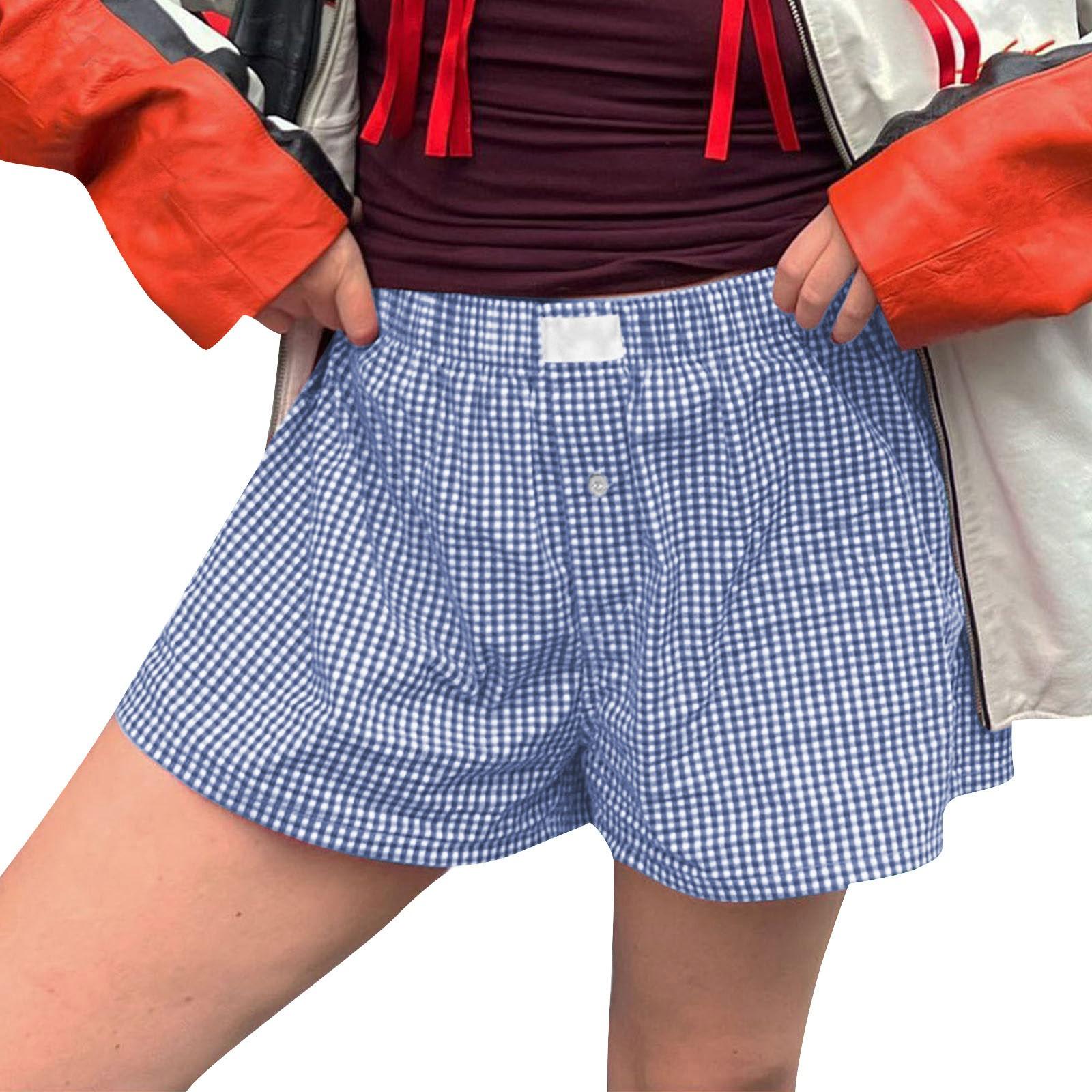 

Женские повседневные летние эластичные пляжные шорты, повседневные шорты с клетчатым принтом M светло-синий