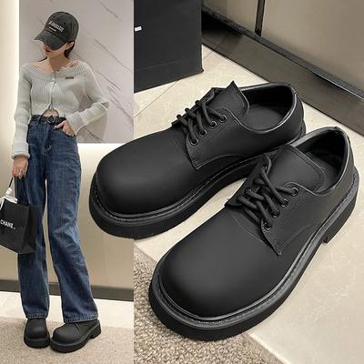 Kozaki Czarna Skóra Sportowa Platforma Casual damskie Duży Palec Sznurowane Podwyższone Niski Obcas Buty Wtrysk Street Style Loafer