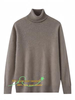 Men's High Neck Casual Loose Knit Wool Sweater, 100% Pure Wool, Autumn/Winter Style