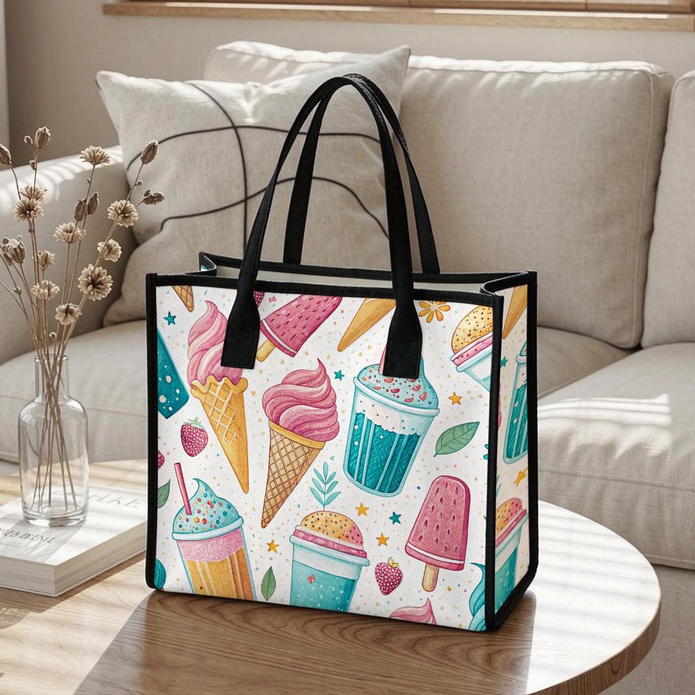 Cute Summer Ice Cream Print Tote Bag Fashion Casual Portable Shopping Handbag for Daily Use