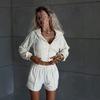 1116 Summer Casual Women's Velvet Color Matching Line Pocket Long Sleeve Cardigan Jacket Shorts Two-piece Set