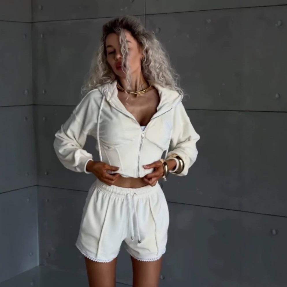 1116 Summer Casual Women's Velvet Color Matching Line Pocket Long Sleeve Cardigan Jacket Shorts Two-piece Set