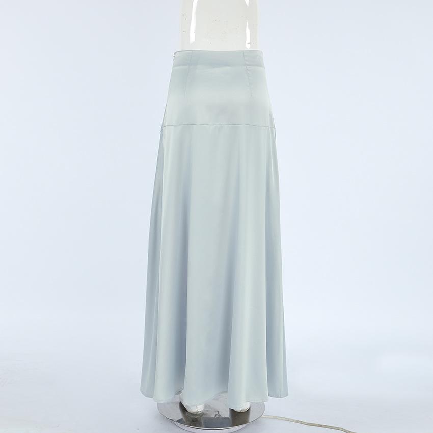 Elegant Grey Satin Skirts For Women Fashion Mid Waisted Slit Solid Skirts Casual New Loose Ankle-Length Skirt Streetwear