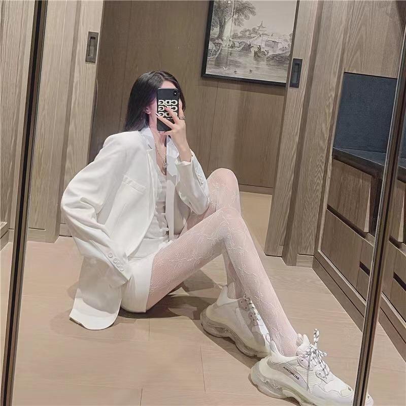 Hollow Lace Mesh Stockings with Bottom Pantyhose Lolita Retro Floral Vine White Black Stockings for Women