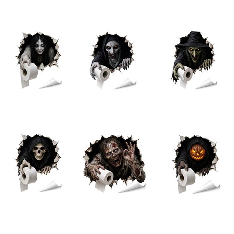 6-Piece Halloween Horror Toilet Stickers Bathroom Wall Decal Set, Water-Resistant PVC Characters for Smooth Toilet, Tile, and Other Flat Application