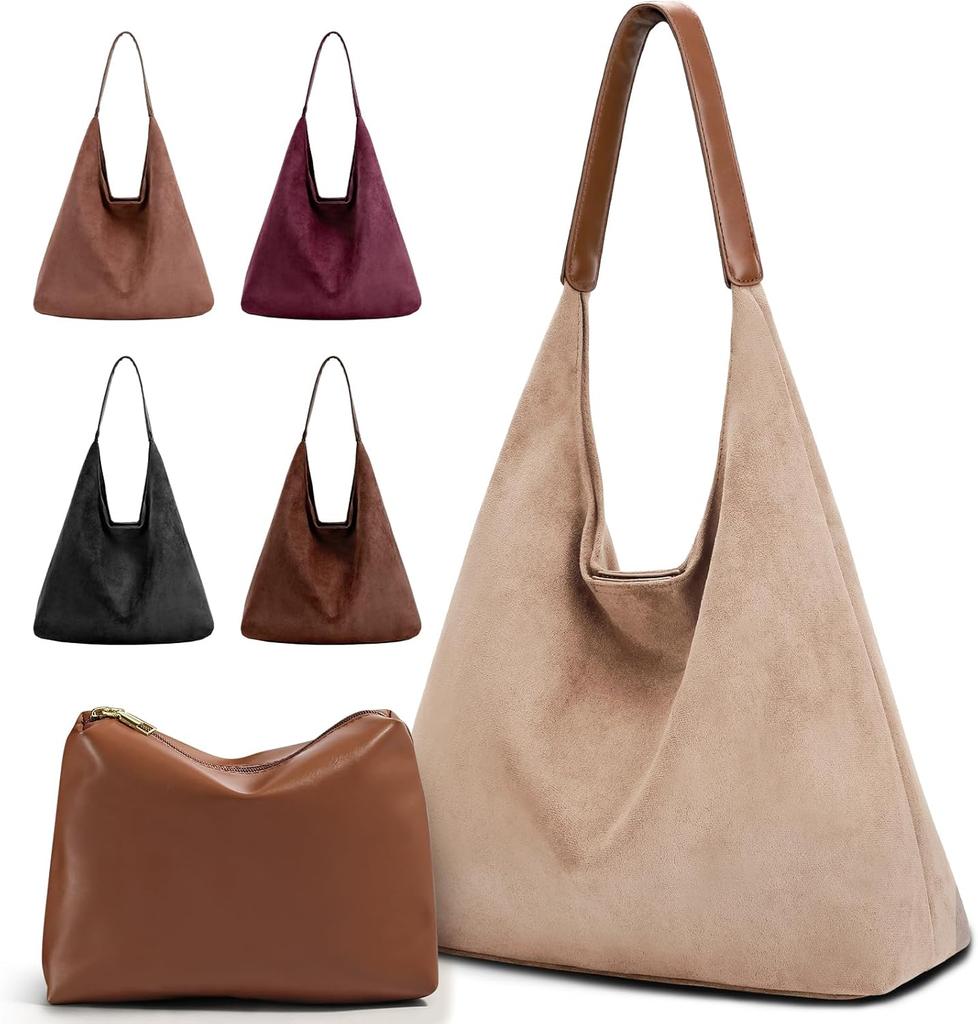Suede Tote Bag Woman Vintage Large Capacity with Zippered Cosmetic Organizer, Slochy Hobo Tote Bag, Underarm Bag