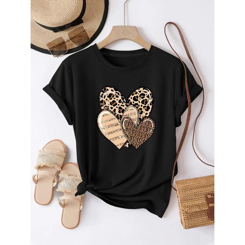 Summer Round Neck 3D Love Print Top Fashionable Casual Short Sleeved Women's T-shirts