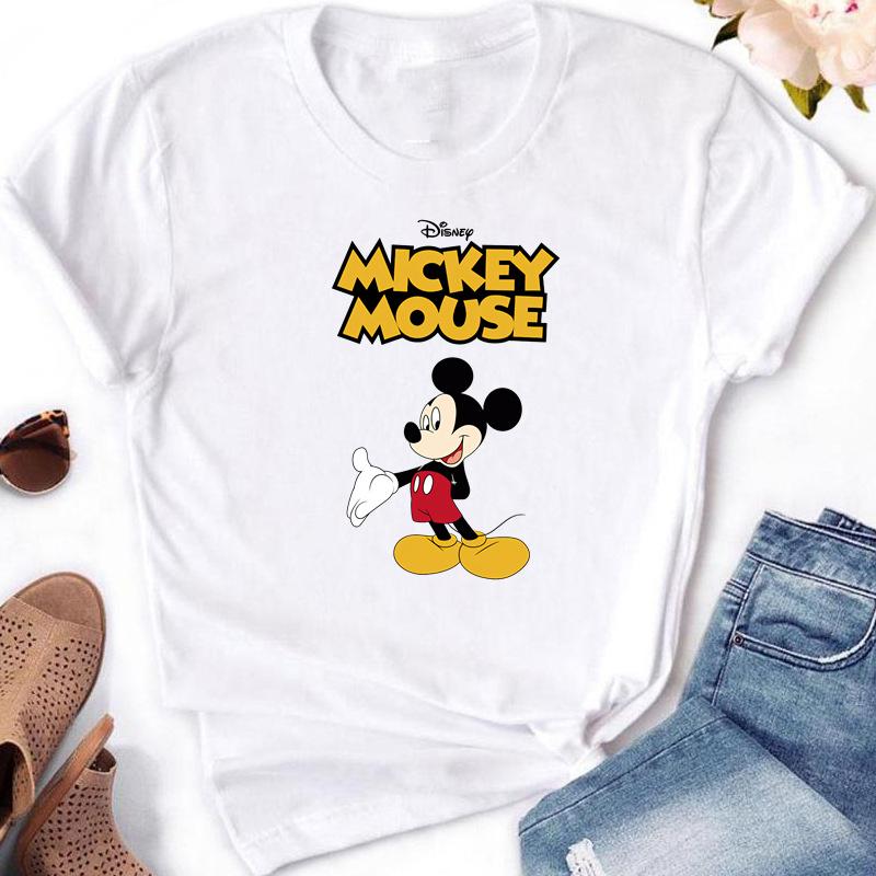 2025 Disney Mickey Minnie Mouse Fashion Print Women White T-shirt Girl Short Sleeve Crew Neck Casual Top for Women's Clothing