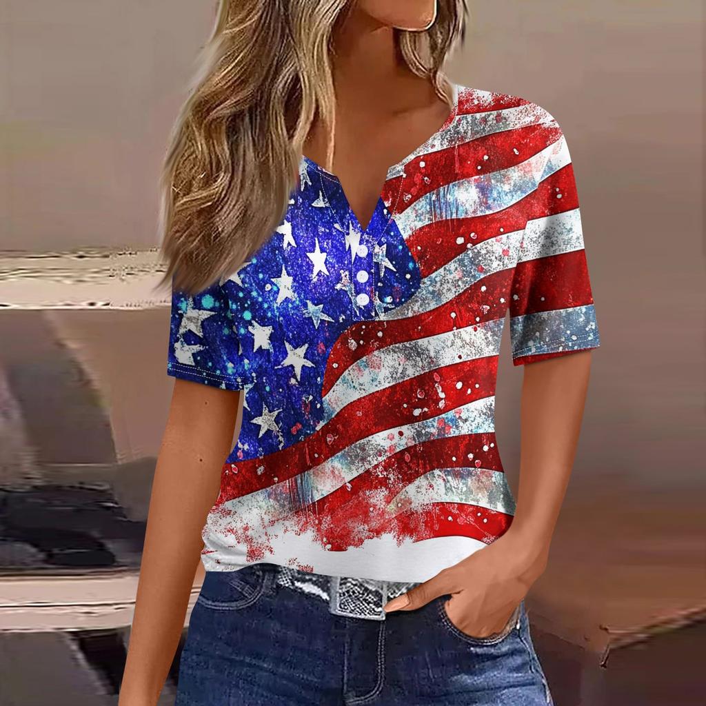 T-skjorte for kvinner med kortermet knapp med kortermet t-skjorte daglig helgmote Basic V-hals vanlig topp