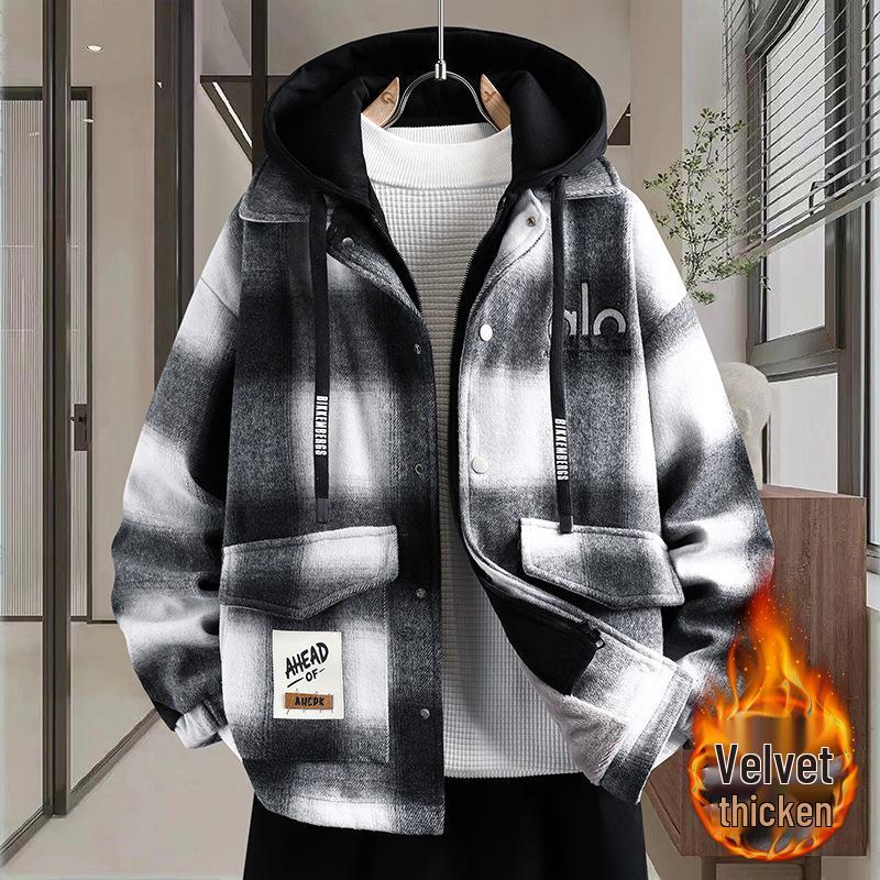 

Модный зимний клетчатый шерстяной пальто для мальчиков (Возраст 13-17 лет) - Утолщенный, Плюс Велюр 2XL for 65-75 kg