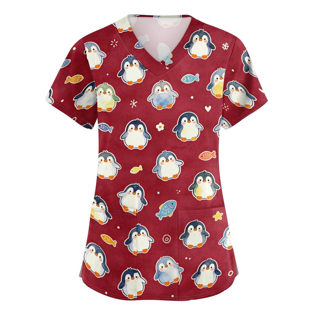Damen V-Ausschnitt Kurzarm Arbeits-Top mit Taschen Tierprint Medizinisches Kasack-Shirt für medizinisches Fachpersonal Bequeme Passform Strapazierfähiges Gewebe