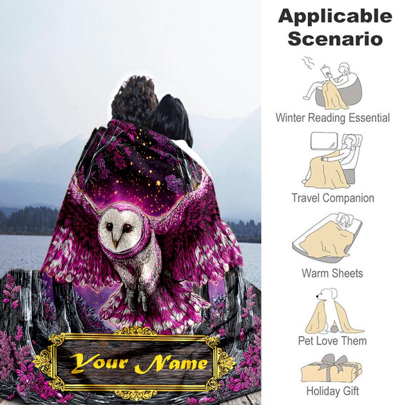 1PC Custom Name Purple Owl Forest Flannel blankets Patterns Throw Blanket All-Season Soft Gift for Couch, Bed, Camping gifts