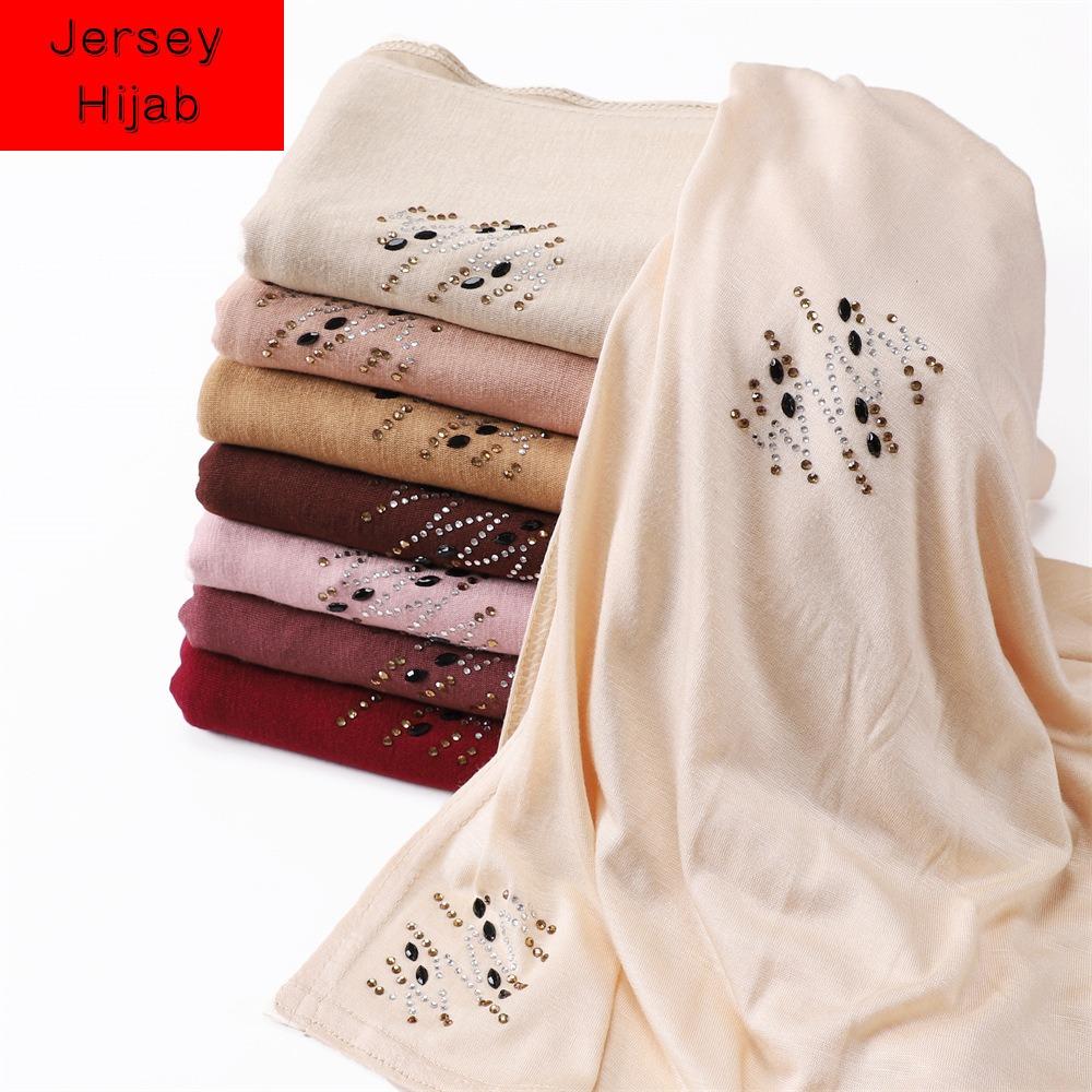 Premium Rhinestone Muslim Women Jersey Hijab Musulman Scarves Soft Good Stitching Scarf Islamic Shawls Wraps Turban