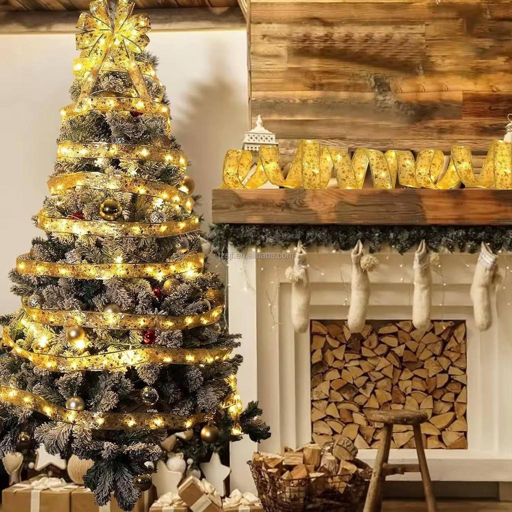 Weihnachtsbaumband (L=3m,B=5cm) Goldene Lichterkette, 30 LED Warmes Licht Dekorative Schleife für Weihnachtsdekoration, Geschenkverpackung(Keine Batterien enthalten)