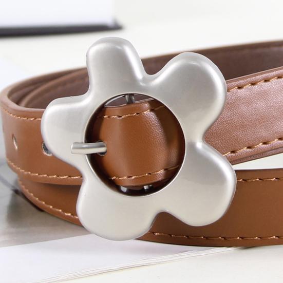 Imitation Leather Women Belt Metal Flower Pin Buckle Adjustable Design