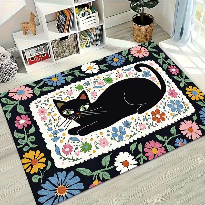 Cute Black Cat Floral Print Area Rug Soft Non-Slip Living Room Carpet Boho Flower Cat Pattern Floor Mat for Bedroom Hallway