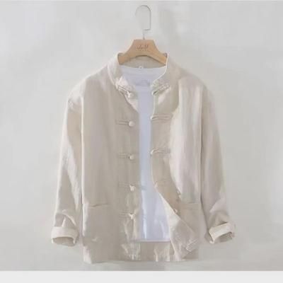Men's Long-Sleeve Casual Loose Fit White Linen-Cotton Shirt for Spring/Summer