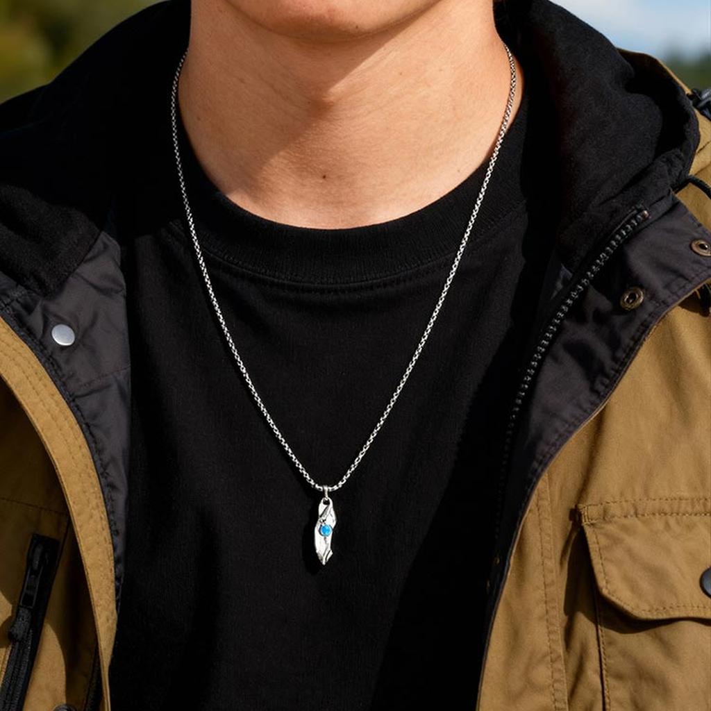 Blue Wishing Stone Necklaces for Men Boys,Trendy Hip Hop Metal Pendant Necklaces,Vintage Birthday Party Male Jewelry Gift