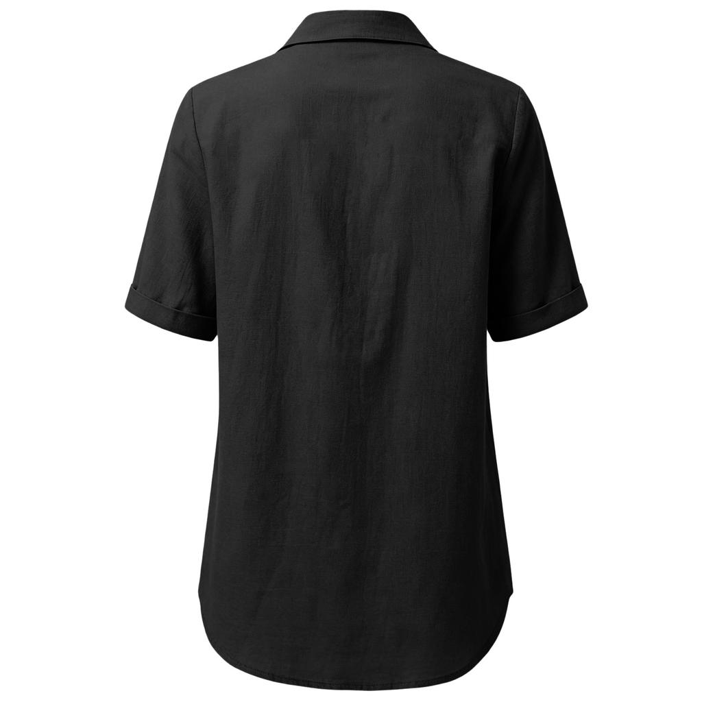Womens Loose Fit V Neck Blouse Casual Cotton Linen Short Sleeve Shirt Button Down Lightweight Top for Daily Wear