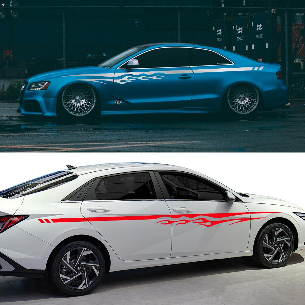 2PCS Flame Pattern Car Side Door Long Stripe Sticker Car Waistline Vinyl Decal Racing Auto Body Decal Car Decoration Accessories