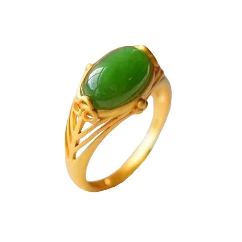 Natural Hetian Jasper Opening Adjustable Rings for Women Chinese Style Retro Unique Ancient Gold Craft Charm Brand Jewelry