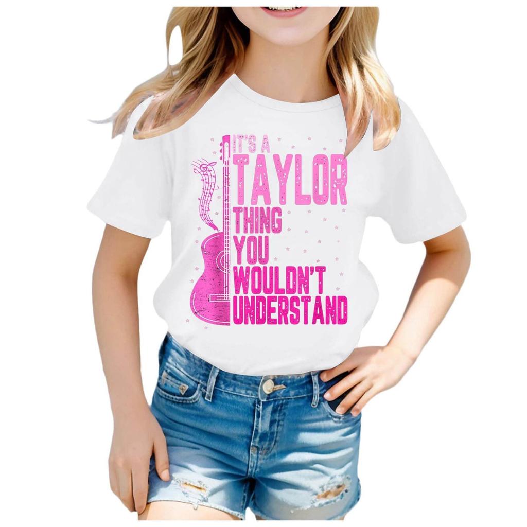 Summer Round Neck 3D Guitar Printed Top Fashionable Casual Short Sleeved Children's Girl T-shirts