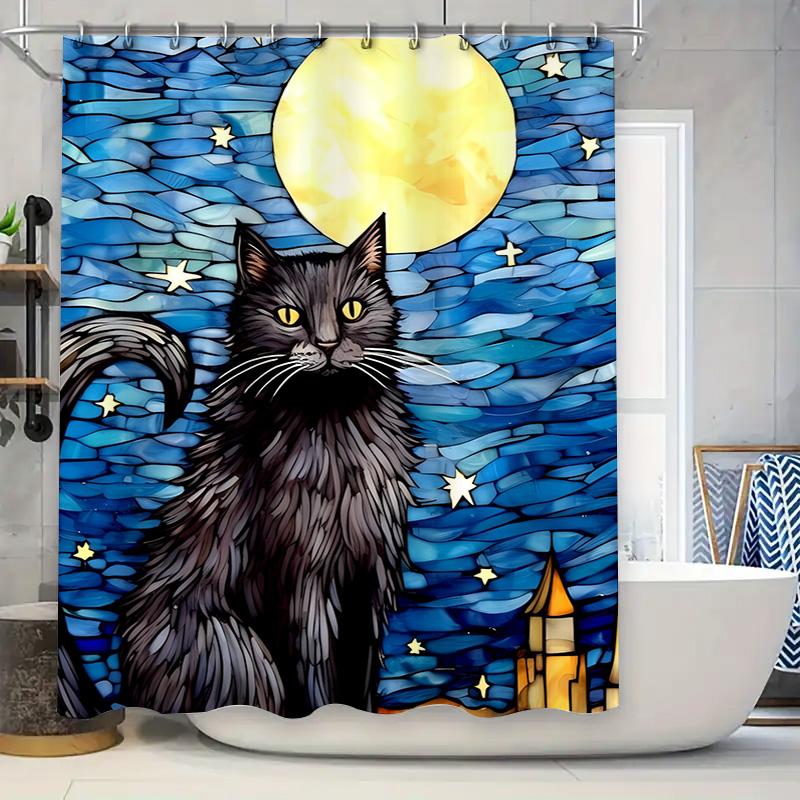 

Stylish Black Cat Moon Blue Shower Curtain Bathroom Decor Waterproof Fabric Printed Washable Home Decoration W60H190(CM)-1 Pcs