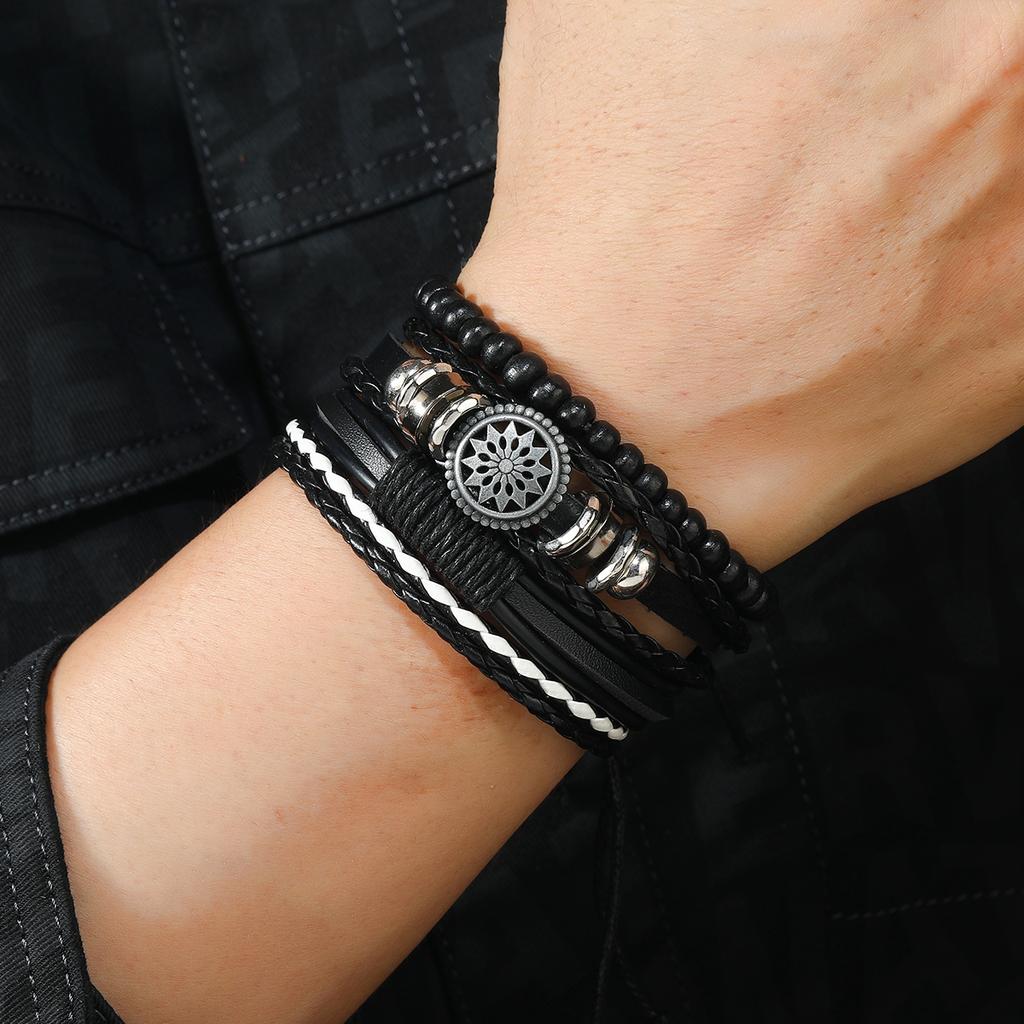 Braided Leather Bracelets for Men Vintage Life Tree Charm Wood Beads Ethnic Tribal Wristband Rope Bracelet Set