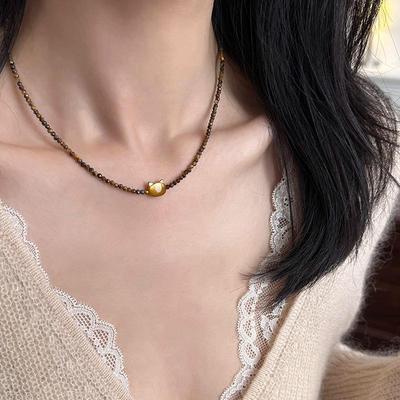 Naszyjnik Kot Oko Tygrysie Złotobrązowy - Fasetowane Koraliki dla Kobiet, Jesienno-Zimowy Łańcuszek do Swetra