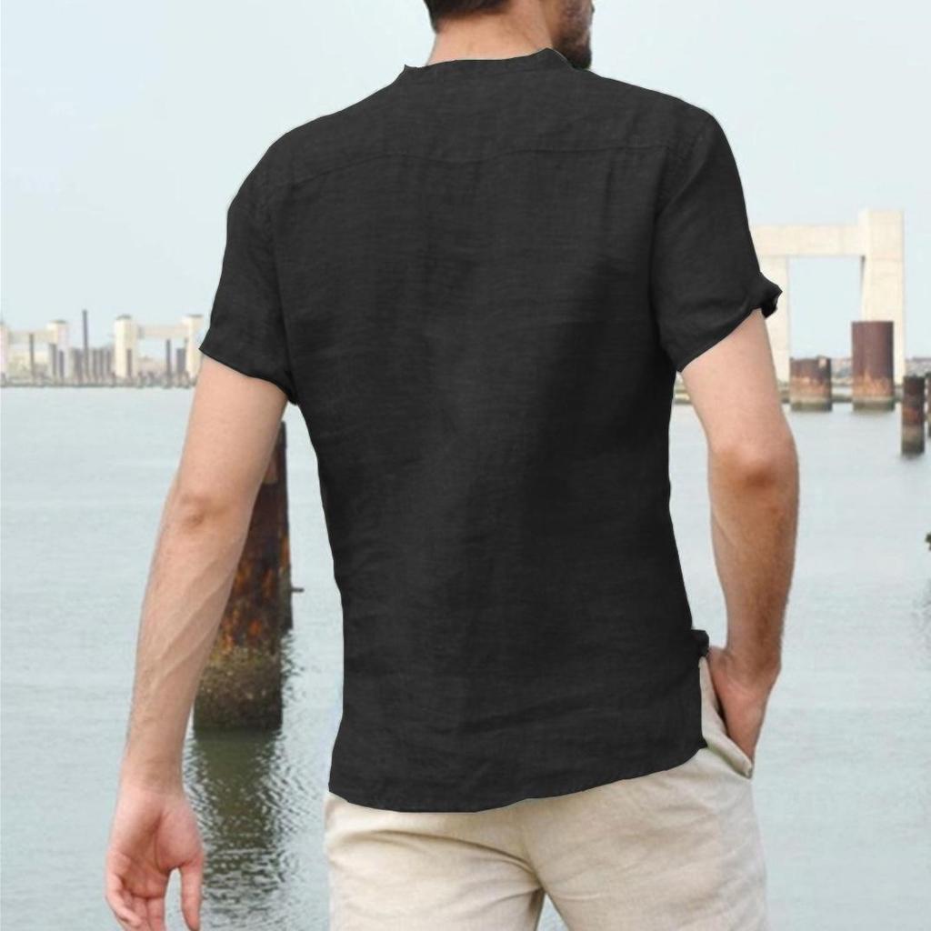 2025 Summer European & American Men's Stand-Up Collar Cotton-Linen Short Sleeve Shirt