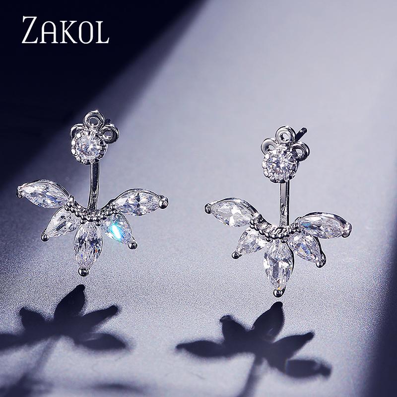 ZAKOL Fashion Leaf Stud Earrings For Women Girls Simpe Cubic Zircon Earring Jackets Zircon Party Zircon