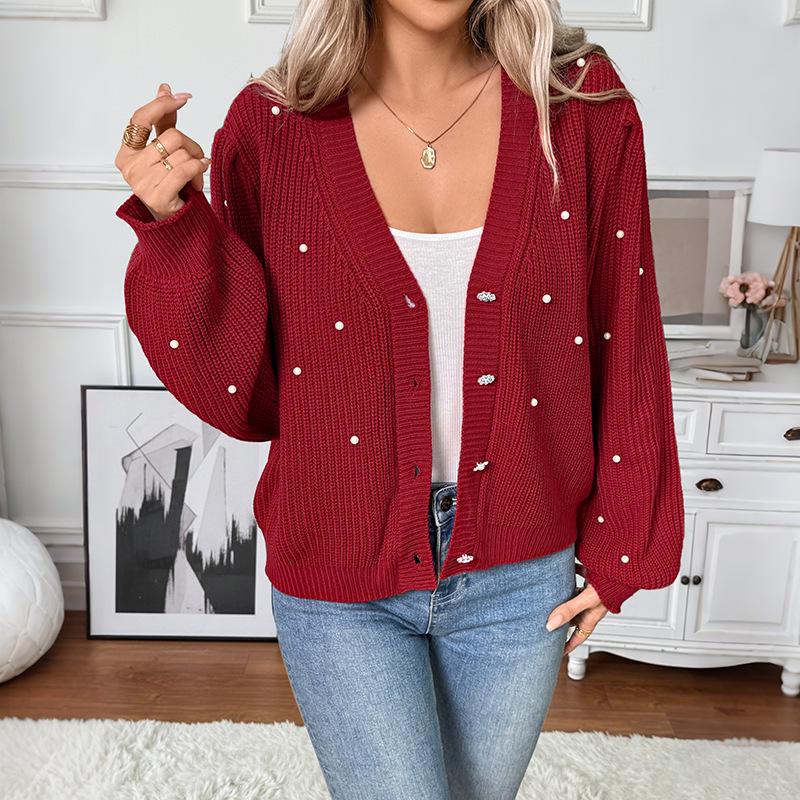 2026 Spring Valentine's Beaded V-neck Cardigan Sweater - Women's Fashion European & American Style