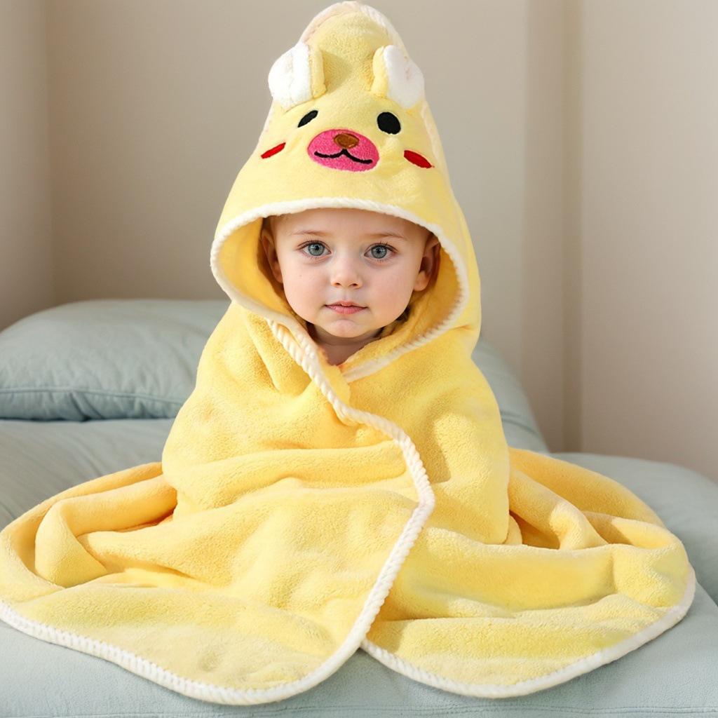 Cartoon Hooded Baby Swaddle & Bath Towel - Coral Fleece, Absorbent, Embroidered, Newborn To Toddler
