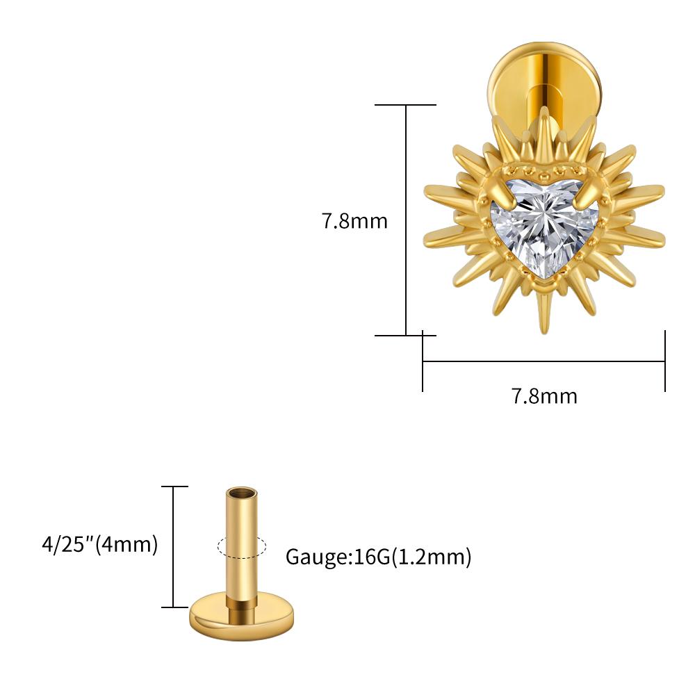 Stud Labret Flat Back Coração Quebrado ASTM F136 Titânio Right Grand 16G Argola de Cartilagem Coração CZ Piercing Helix Tragus Joia