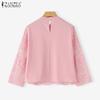 ZANZEA Women Casual Round Neck 3/4 Sleeve Lace Patchwork Blouse