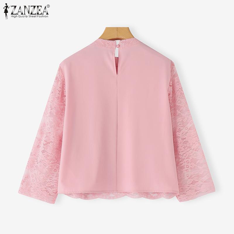 ZANZEA Women Casual Round Neck 3/4 Sleeve Lace Patchwork Blouse