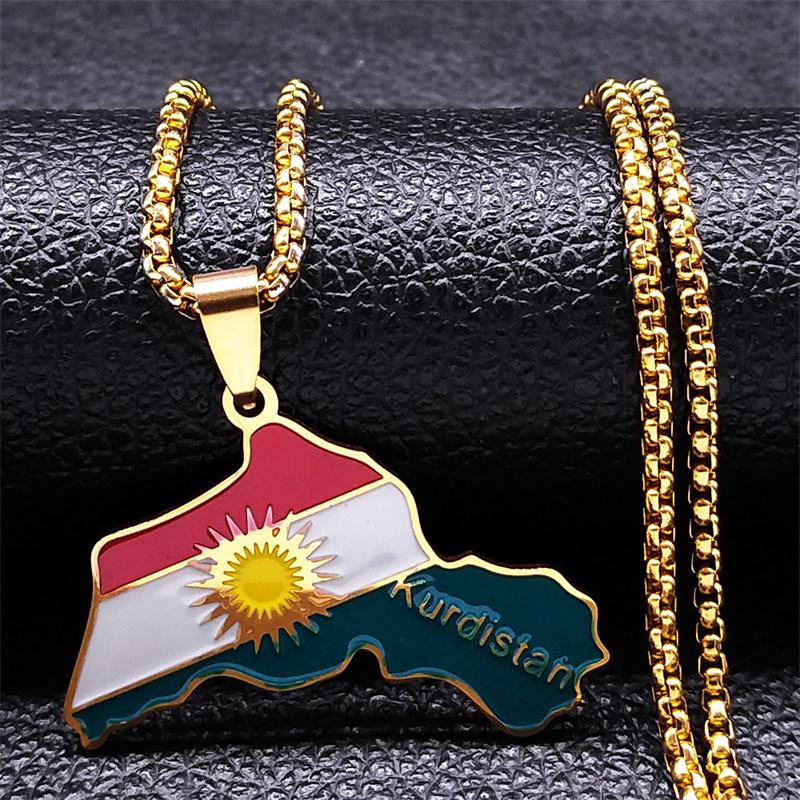 Kurdistan Region Map Necklace for Women Men Chains Stainless Steel Kurdish Flag Map Pendants Necklace Jewelry Collar N6212S01
