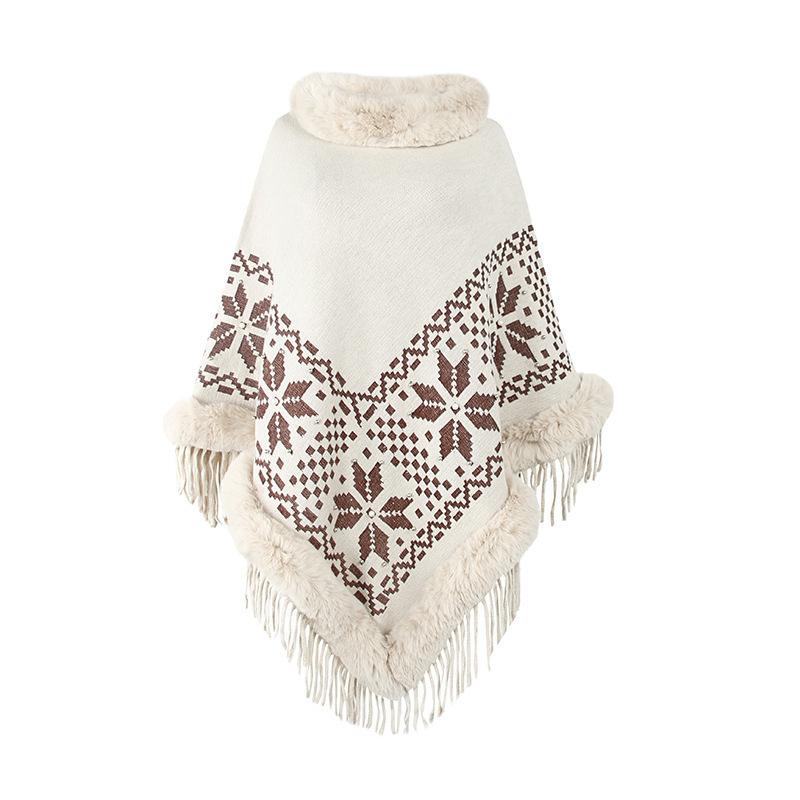 Cape Shawl Knitted Shawl Fur Collar Beaded Fringed Hem Sweater Women
