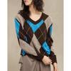 Demana Women's Vintage Argyle V-Neck Wool Blend Sweater