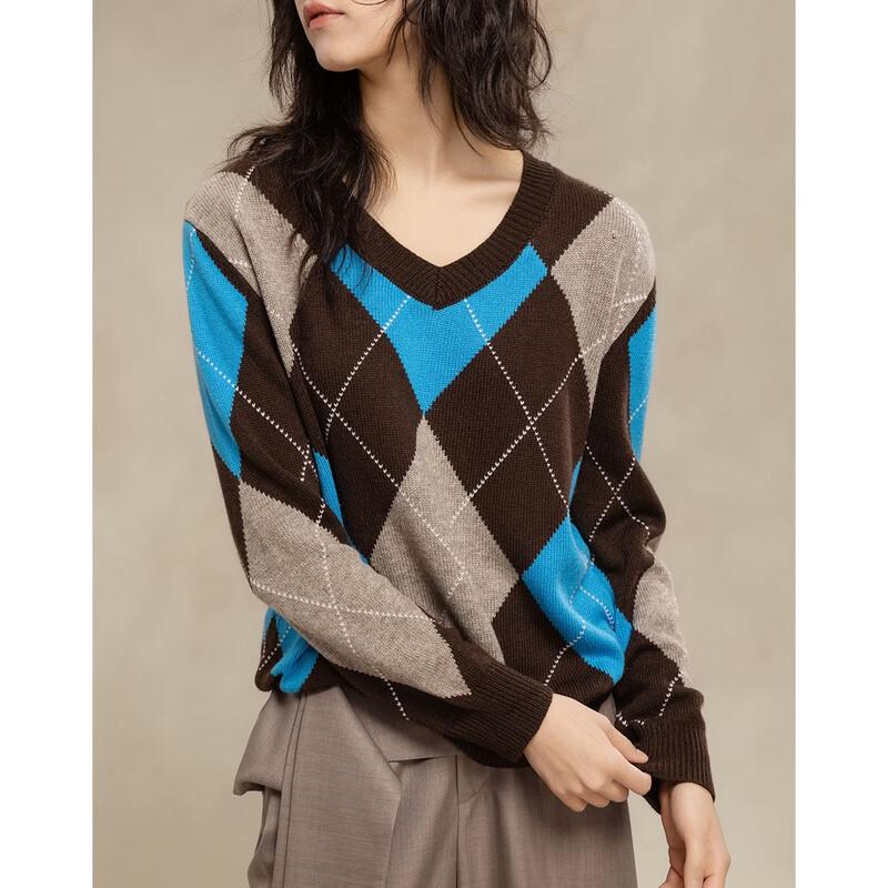Demana Women's Vintage Argyle V-Neck Wool Blend Sweater