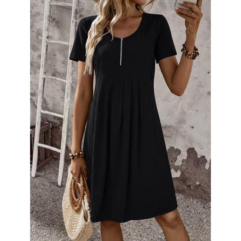 QICED Fashion Summer Spring Solid Color Print O-Neck Short Sleeve Casual Dresses