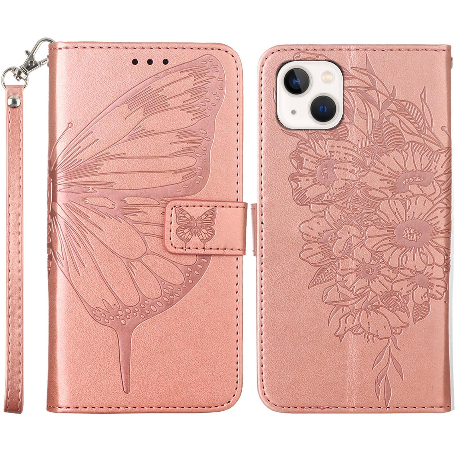 

For iPhone 15 Wallet Case with Wrist Strap Butterfly Imprint Leather Phone Cover Rose Gold