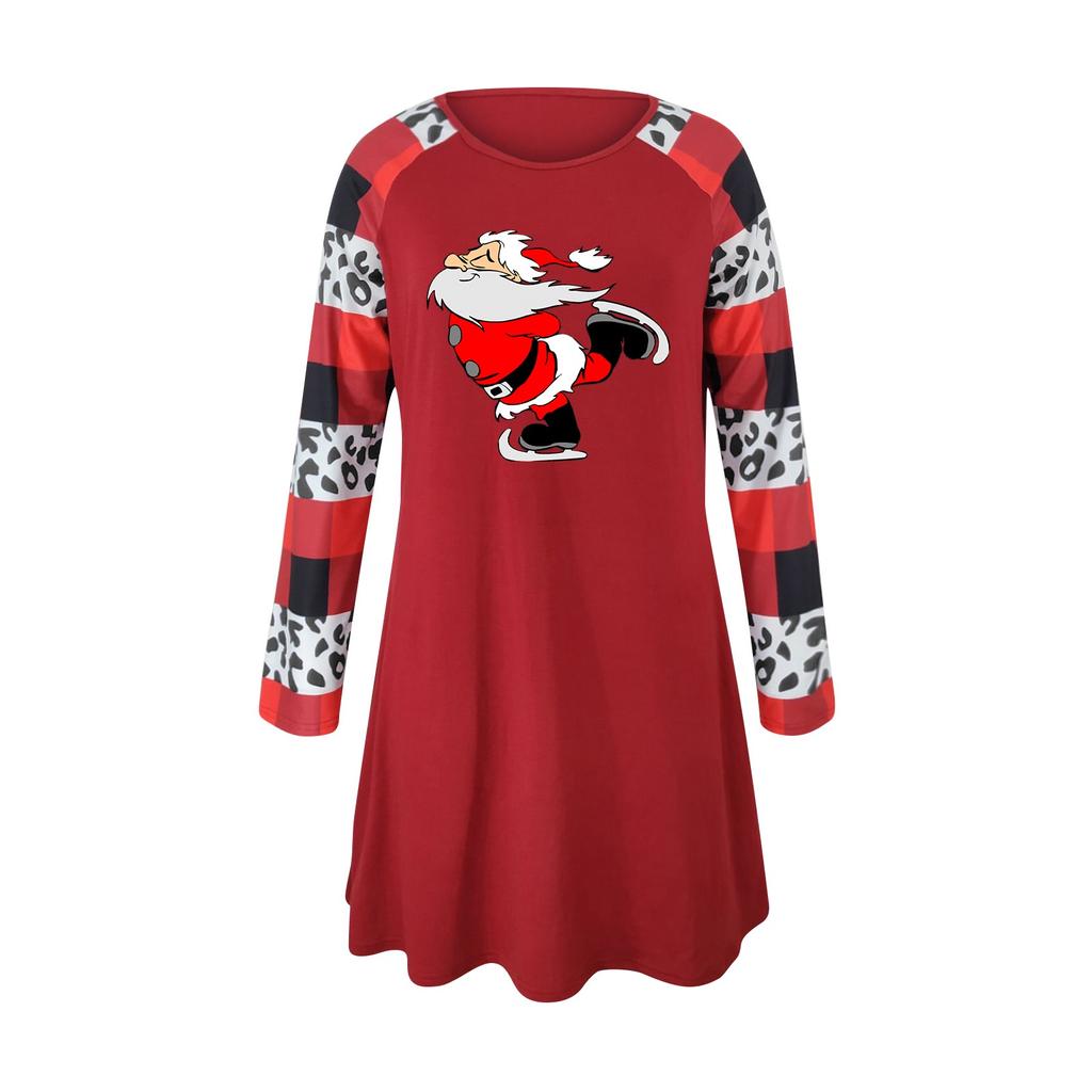Women Christmas Print Long Sleeve Tunic Dresses Pockets Plus Size T-shirt Dress