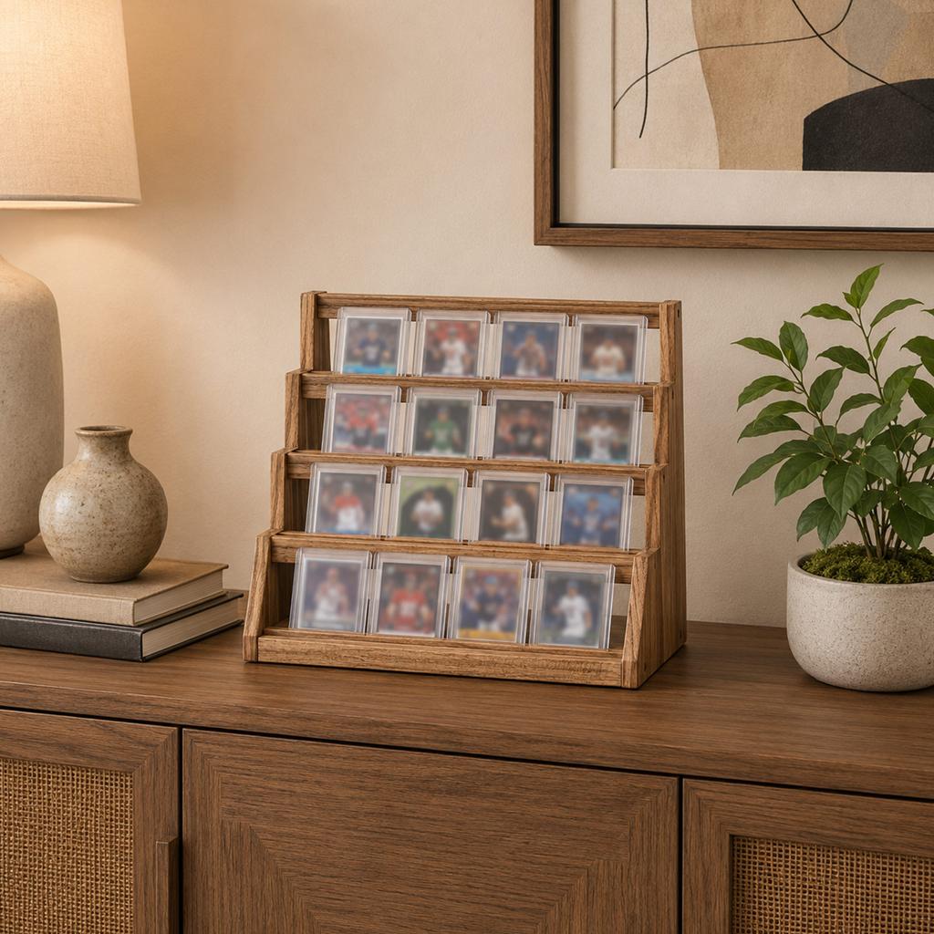 4-Tier Wood Card Display Shelf - Stepped Holder for Sports Trading Cards, Collectibles, Memorabilia