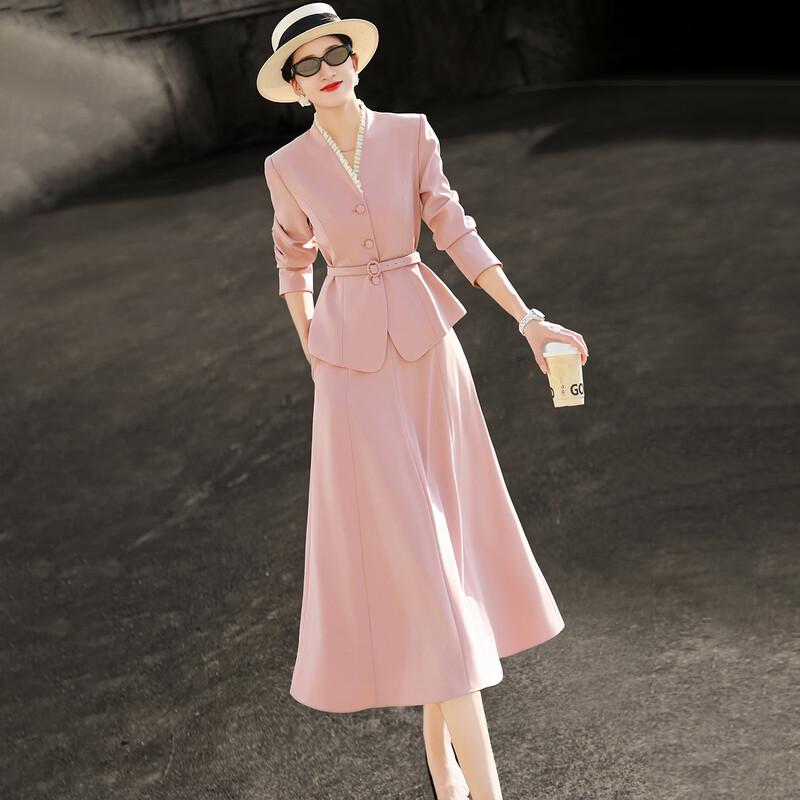 Elegant V-Neck Waist-Cinching Blazer & Skirt Set