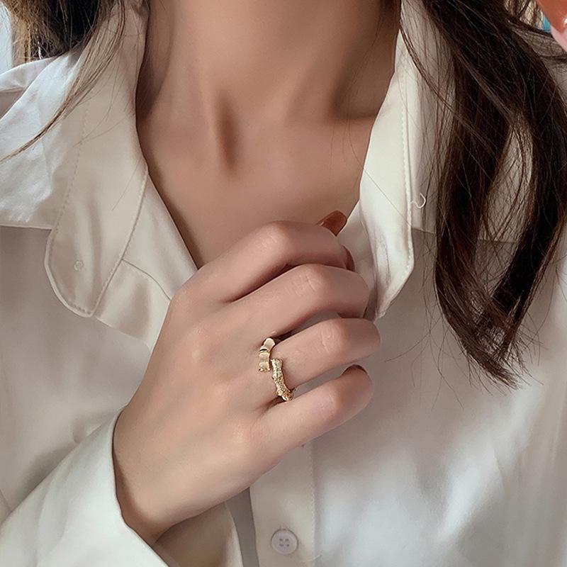 BBK 925 Sterling Silver Bamboo Zircon Open Ring - Women's Fashion Statement Korean Style