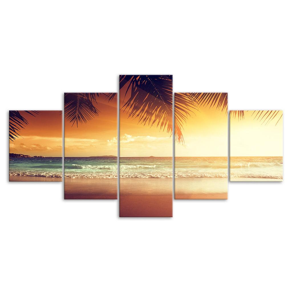 Tropical Beach Palm Tree Sunset Seascape 5 Piece Five Panel Wall Canvas Print Modern Art Poster Picture Home Decor Gift For Him For Her