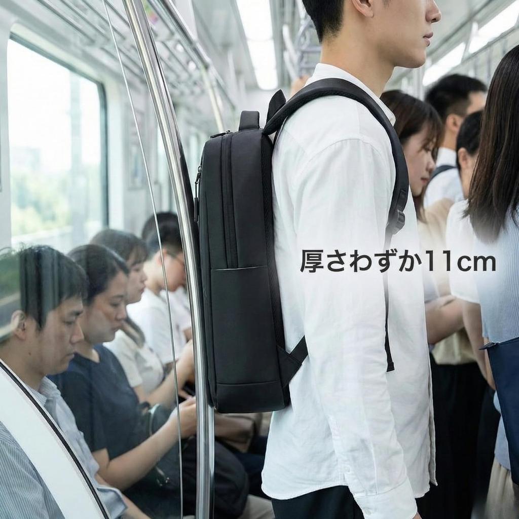 Slim 11cm USB Easy To Diagonal Zipper Fuji-cellar Backpack, Thin, Men's, Ultra-Lightweight, 470g, Connectable, Lightweight, Use, (Black)