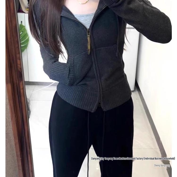 Damen Retro Kariert Slim Kapuzen Strickjacke Jacke - Koreanischer Stil für Frühling, Herbst, Winter