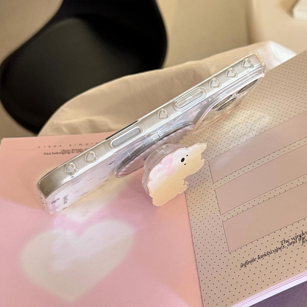 Gray Pink Star iPhone 16 Transparent Case with Puppy Magnetic Stand (Fits iPhone 13-17) - Korean Style